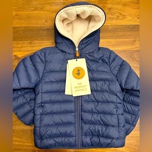 NWTs Save The Duck Faux Shearling Lined Hooded Puffer. Boy/Girl. Navy. Sz. 4